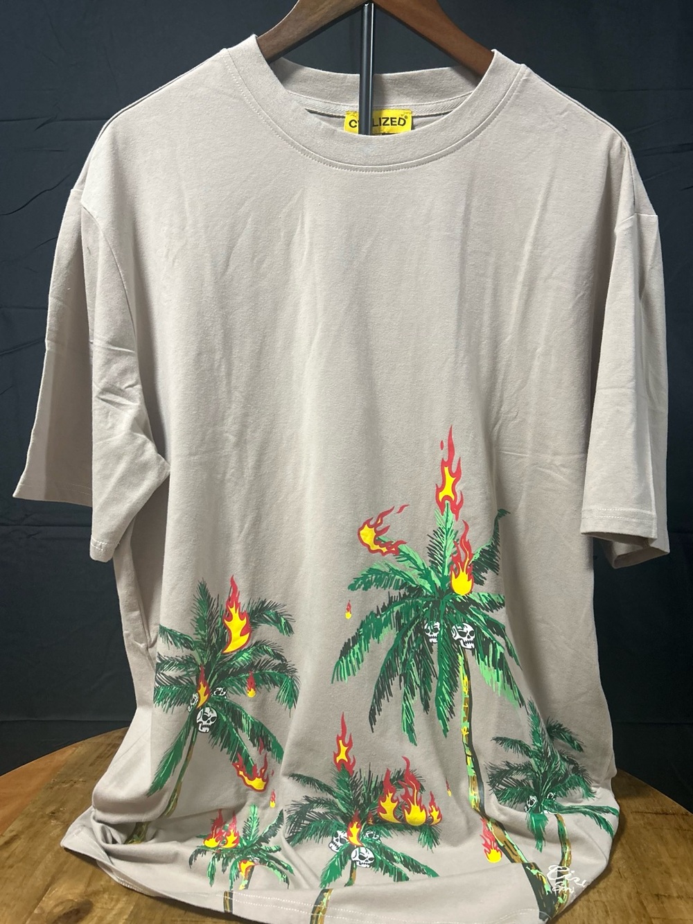 Casual Men’s Graphic Long Sleeve Tee - Beige Palm Flame